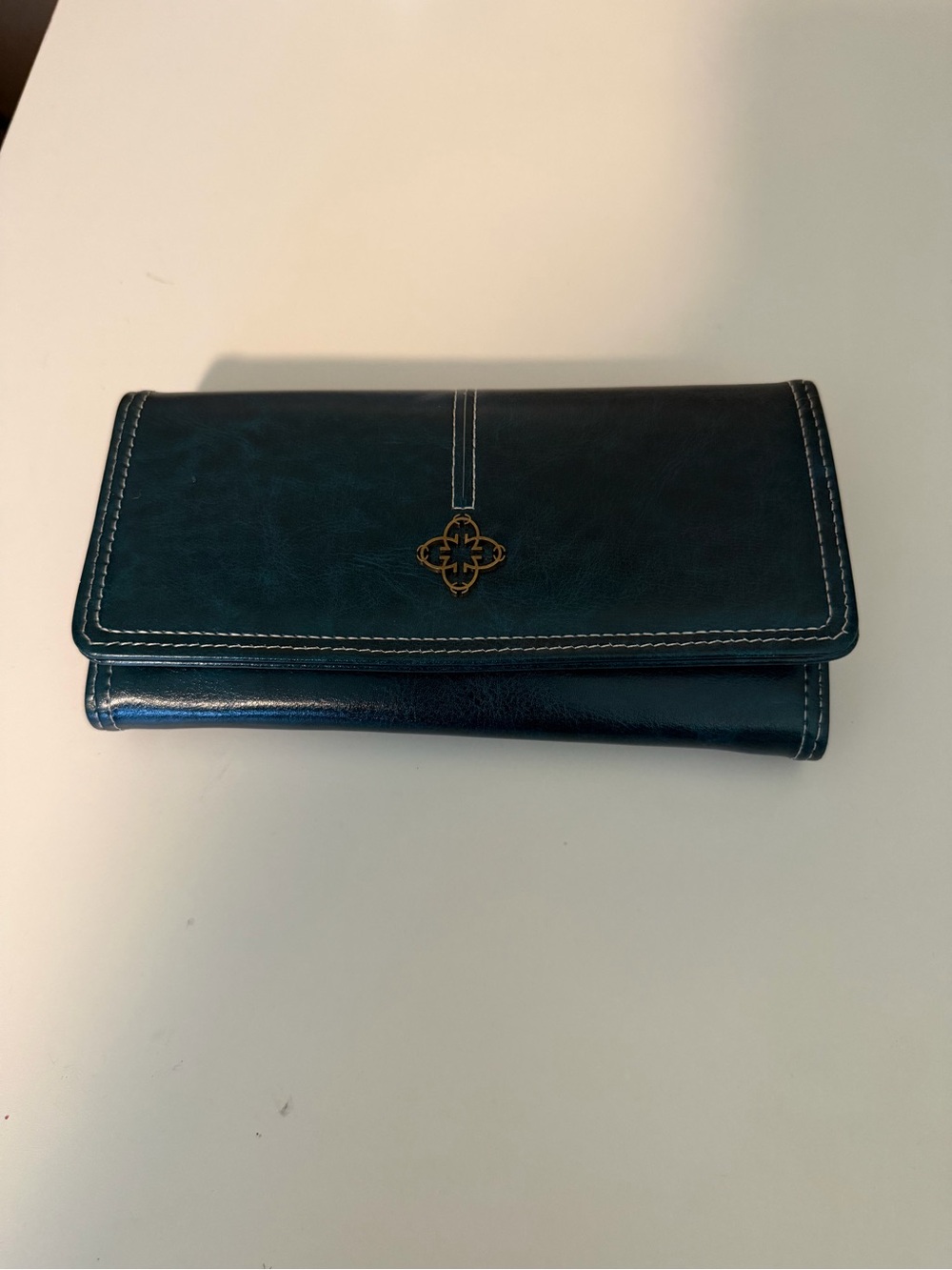 Teal Fold-Over Leather Wallet with Gold Emblem